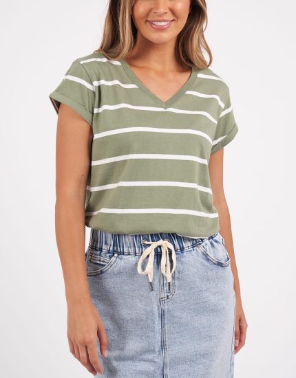 Manly Stripe Vee Tee - Sage/White Stripe